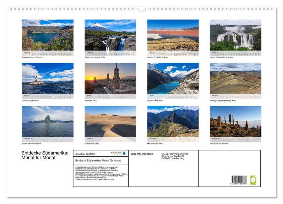 Entdecke Südamerika: Monat für Monat (CALVENDO Wandkalender 2027)