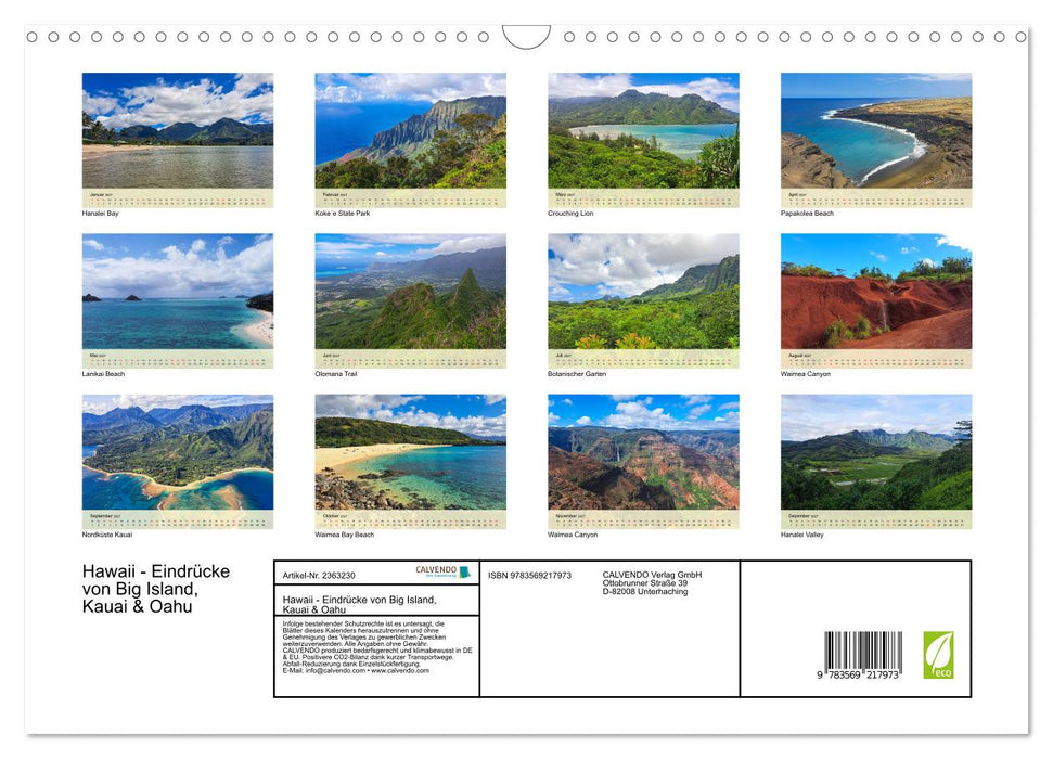 Hawaii - Eindrücke von Big Island, Kauai & Oahu (CALVENDO Wandkalender 2027)