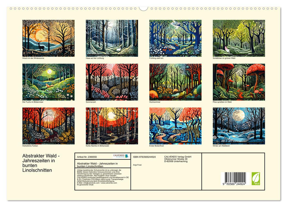 Abstrakter Wald - Jahreszeiten in bunten Linolschnitten (CALVENDO Premium Wandkalender 2027)