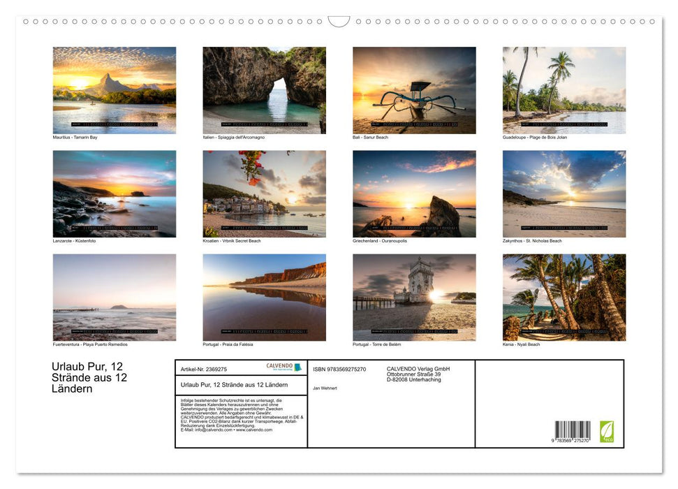 Urlaub Pur, 12 Strände aus 12 Ländern (CALVENDO Wandkalender 2027)