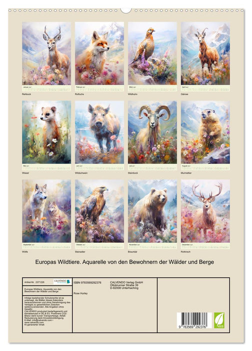 Europas Wildtiere. Aquarelle von den Bewohnern der Wälder und Berge (CALVENDO Premium Wandkalender 2027)
