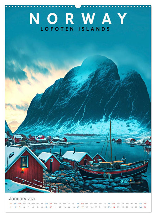 Lofoten Islands - Old School Poster Style (CALVENDO Monthly Calendar 2027)