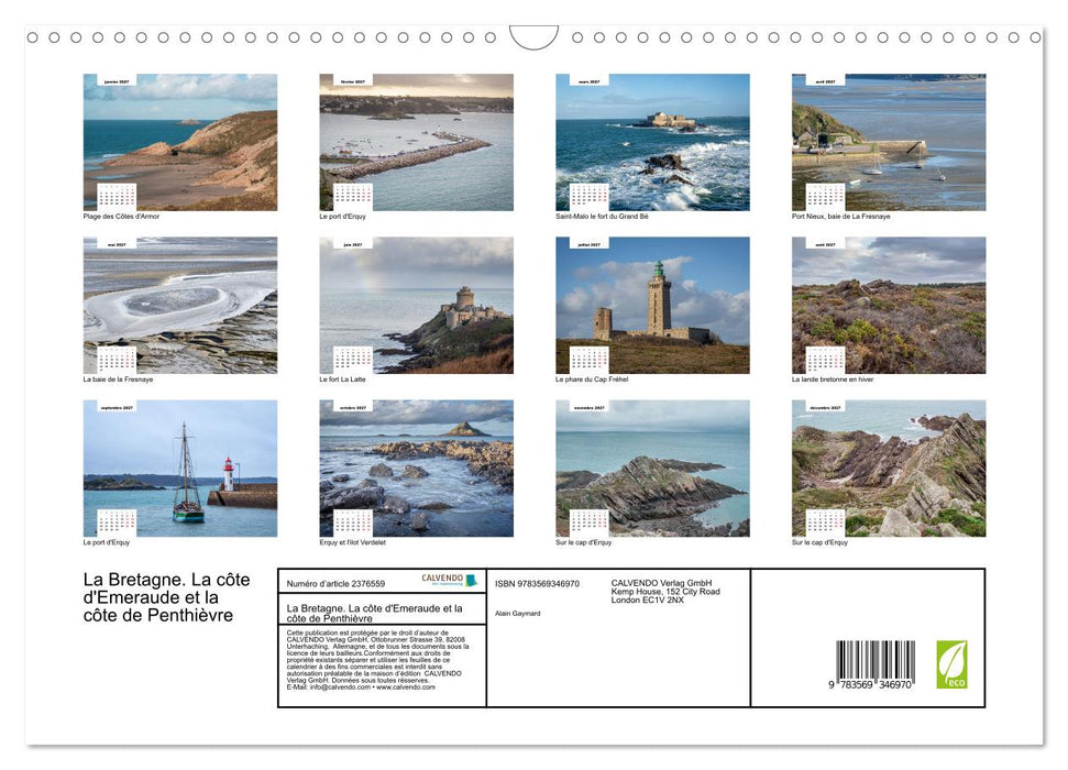 La Bretagne. La côte d'Emeraude et la côte de Penthièvre (CALVENDO Calendrier mensuel 2027)