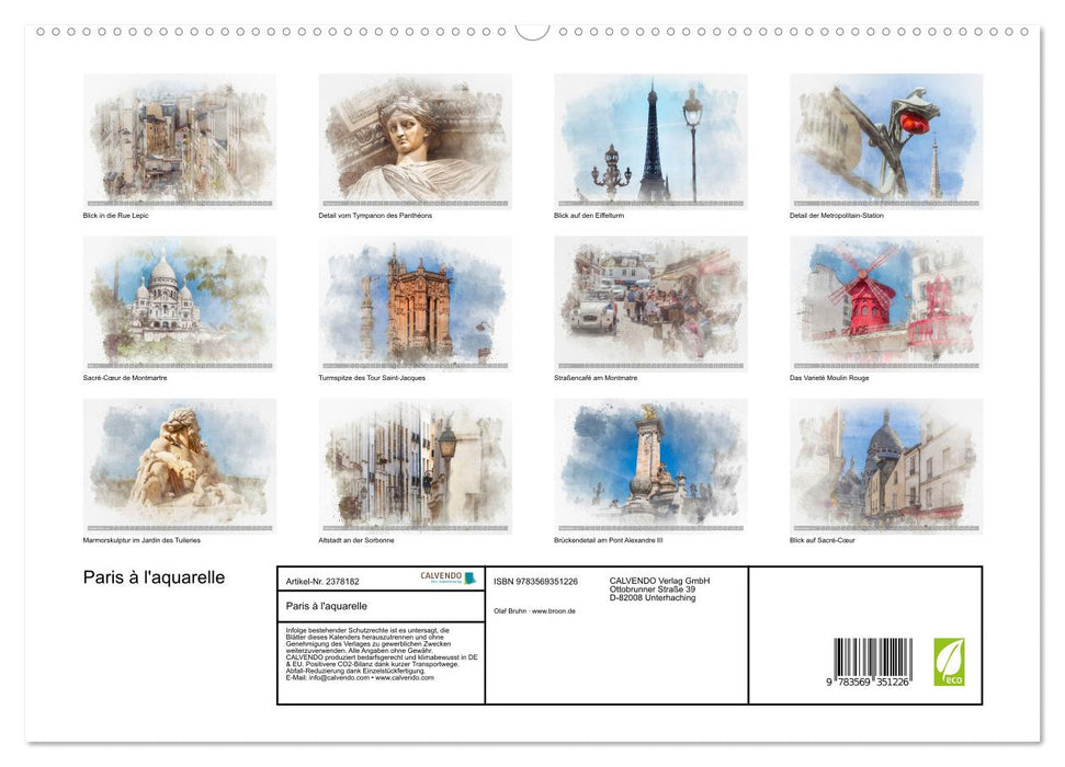 Paris à l'aquarelle (CALVENDO Premium Wandkalender 2027)