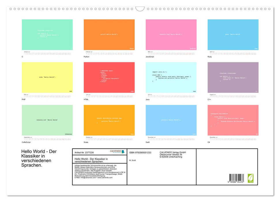 Hello World - Der Klassiker in verschiedenen Sprachen. (CALVENDO Wandkalender 2027)