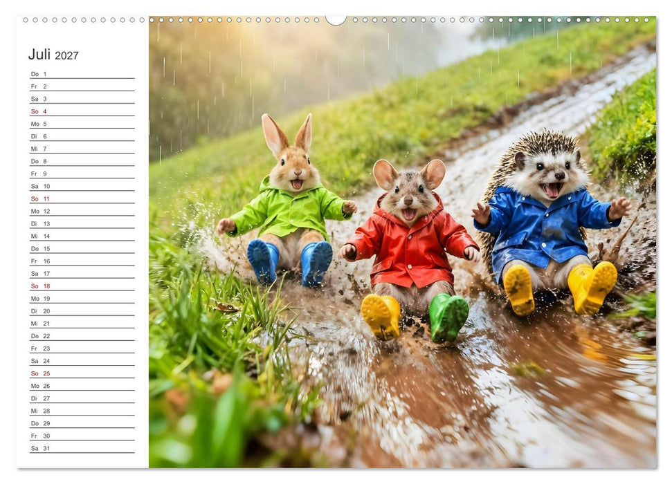 Plitschplatsch! Regenspaß - Fröhliche Tierabenteuer in Pfützen und Regen (CALVENDO Premium Wandkalender 2027)