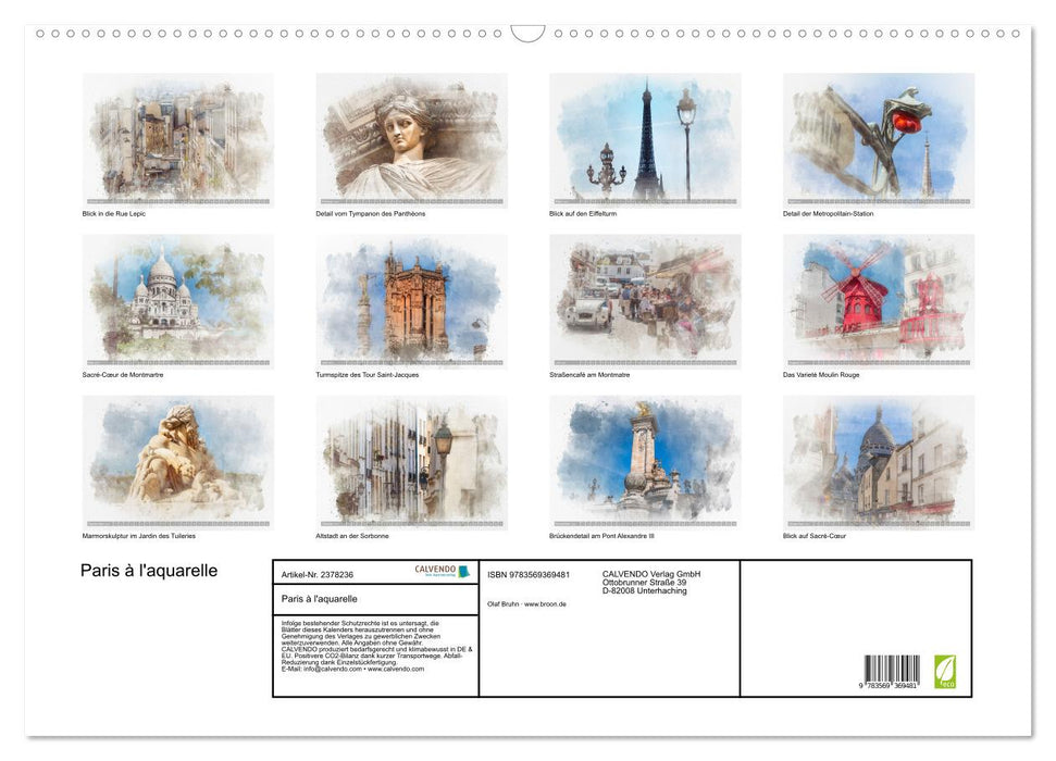 Paris à l'aquarelle (CALVENDO Wandkalender 2027)