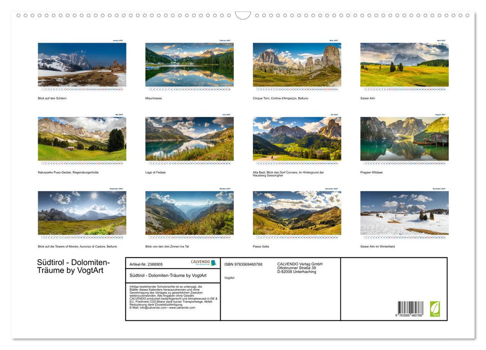 Südtirol - Dolomiten-Träume by VogtArt (CALVENDO Wandkalender 2027)
