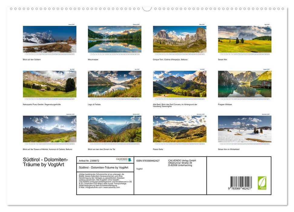 Südtirol - Dolomiten-Träume by VogtArt (CALVENDO Premium Wandkalender 2027)