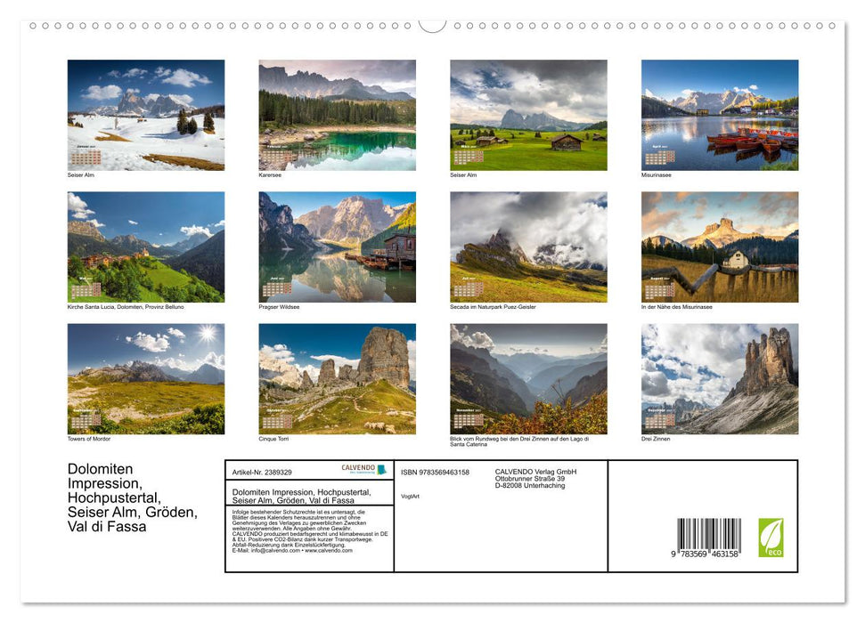 Dolomiten Impression, Hochpustertal, Seiser Alm, Gröden, Val di Fassa (CALVENDO Premium Wandkalender 2027)