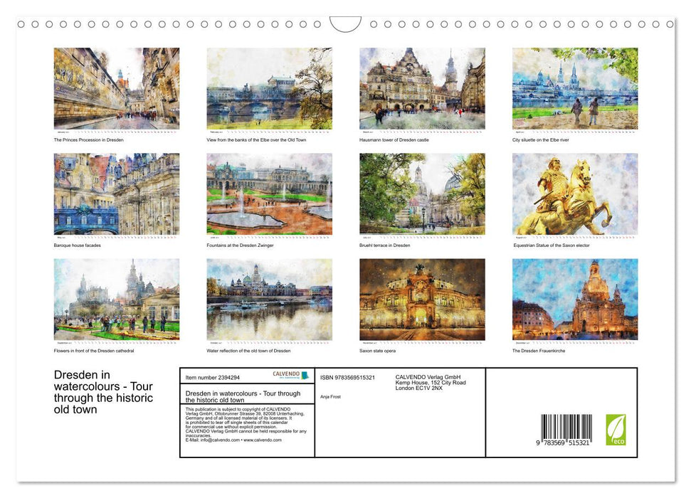 Dresden in watercolours - Tour through the historic old town (CALVENDO Monthly Calendar 2027)