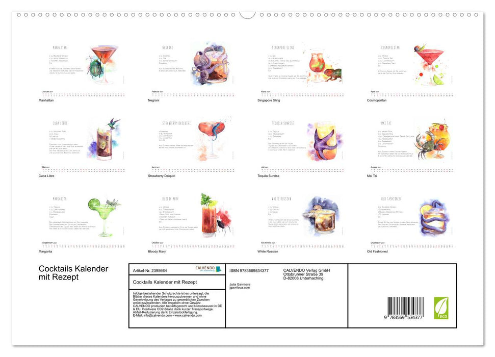 Cocktails Kalender mit Rezept (CALVENDO Wandkalender 2027)