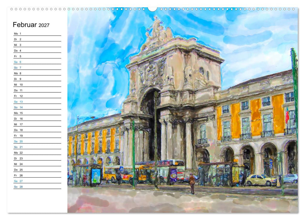 Lissabon - Stadtrundgang in Aquarell-Illustrationen (CALVENDO Wandkalender 2027)