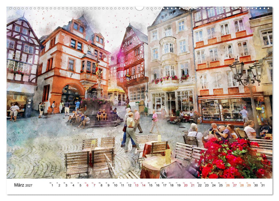 Bernkastel-Kues - Stadtrundgang in Aquarell (CALVENDO Premium Wandkalender 2027)