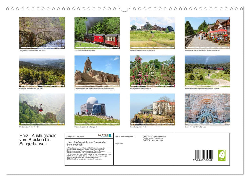 Harz - Ausflugsziele vom Brocken bis Sangerhausen (CALVENDO Wandkalender 2027)