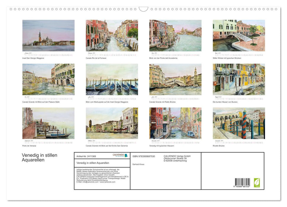 Venedig in stillen Aquarellen (CALVENDO Wandkalender 2027)