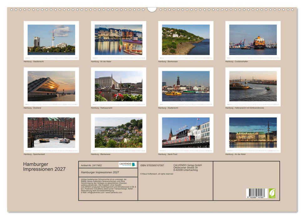 Hamburger Impressionen 2027 (CALVENDO Wandkalender 2027)