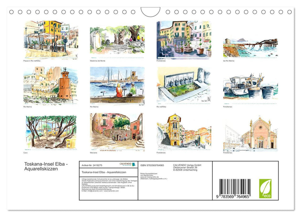 Toskana-Insel Elba - Aquarellskizzen (CALVENDO Wandkalender 2027)
