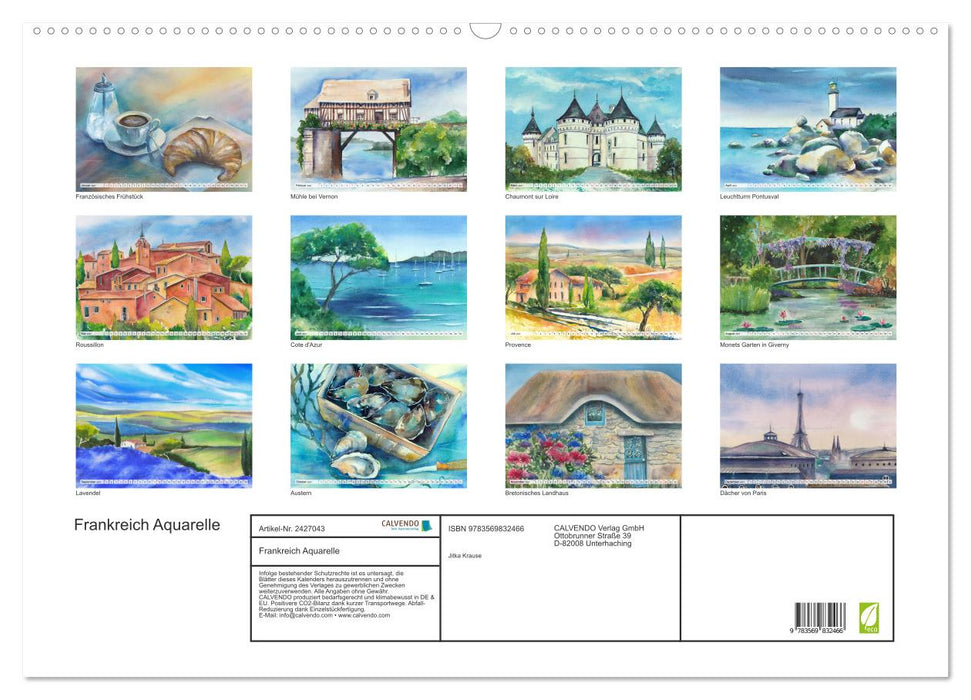Frankreich Aquarelle (CALVENDO Wandkalender 2027)