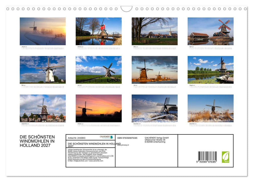 DIE SCHÖNSTEN WINDMÜHLEN IN HOLLAND 2027 (CALVENDO Wandkalender 2027)