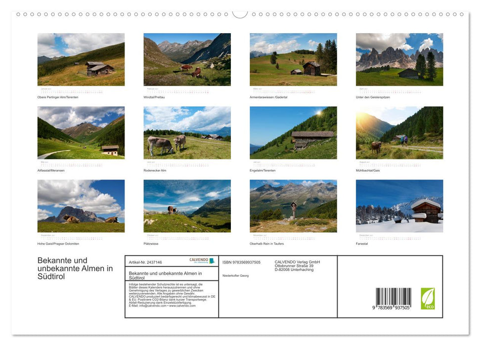 Bekannte und unbekannte Almen in Südtirol (CALVENDO Premium Wandkalender 2027)