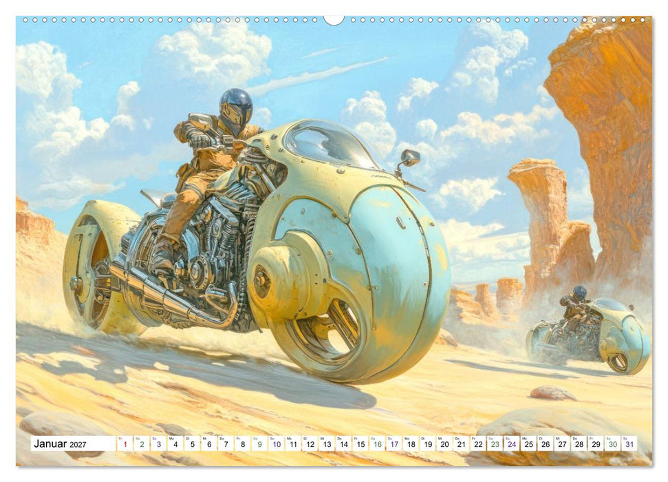 Dynamisches Wüstenrennen - Auf Fantasiemotorrädern (CALVENDO Wandkalender 2027)