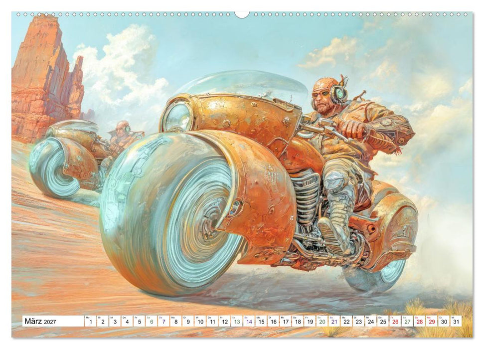 Dynamisches Wüstenrennen - Auf Fantasiemotorrädern (CALVENDO Wandkalender 2027)