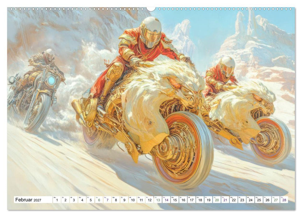Dynamisches Wüstenrennen - Auf Fantasiemotorrädern (CALVENDO Premium Wandkalender 2027)