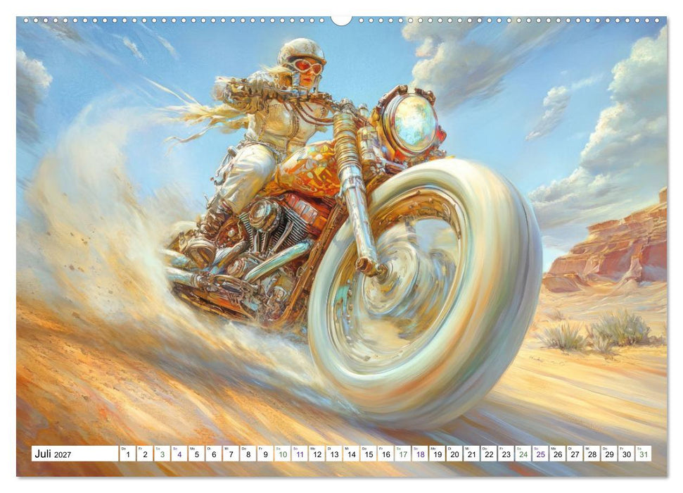 Dynamisches Wüstenrennen - Auf Fantasiemotorrädern (CALVENDO Premium Wandkalender 2027)