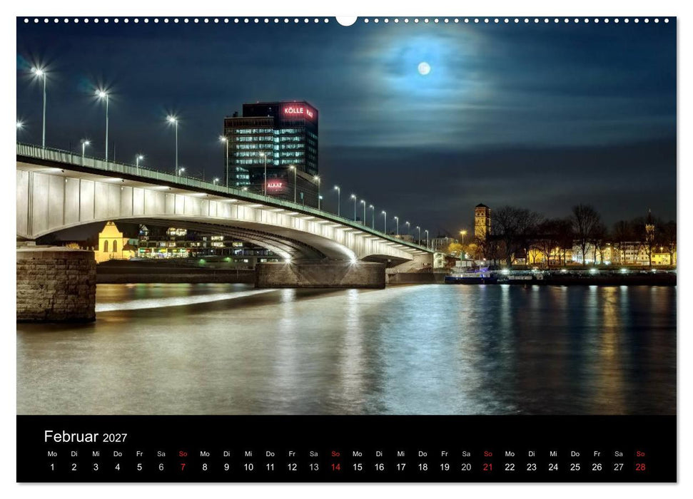 Köln bei Nacht - dunkelbunte Stadt (CALVENDO Premium Wandkalender 2027)