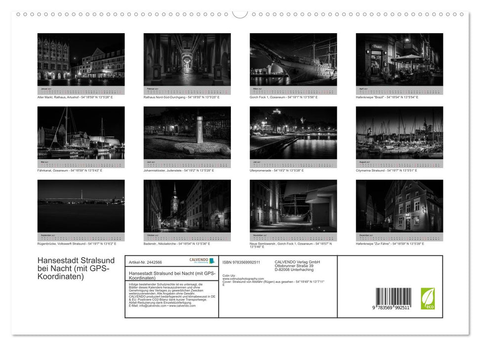 Hansestadt Stralsund bei Nacht (mit GPS-Koordinaten) (CALVENDO Premium Wandkalender 2027)