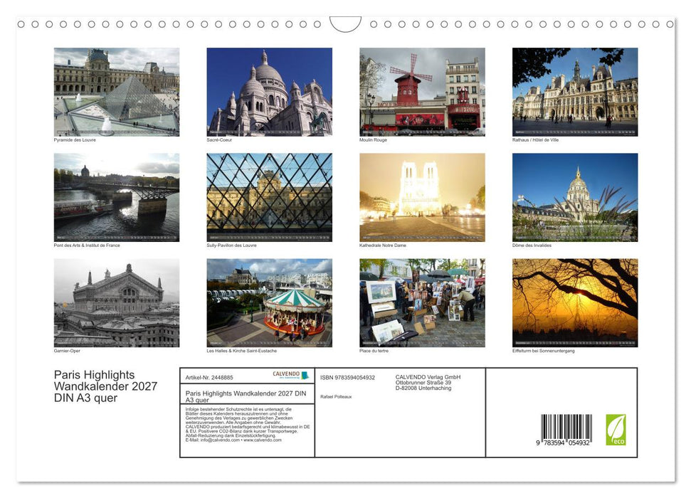 Paris Highlights Wandkalender 2027 DIN A3 quer (CALVENDO Wandkalender 2027)