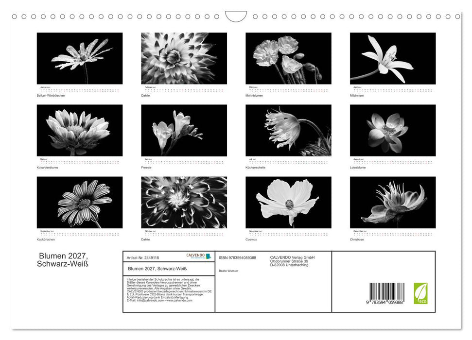 Blumen 2027, Schwarz-Weiß (CALVENDO Wandkalender 2027)