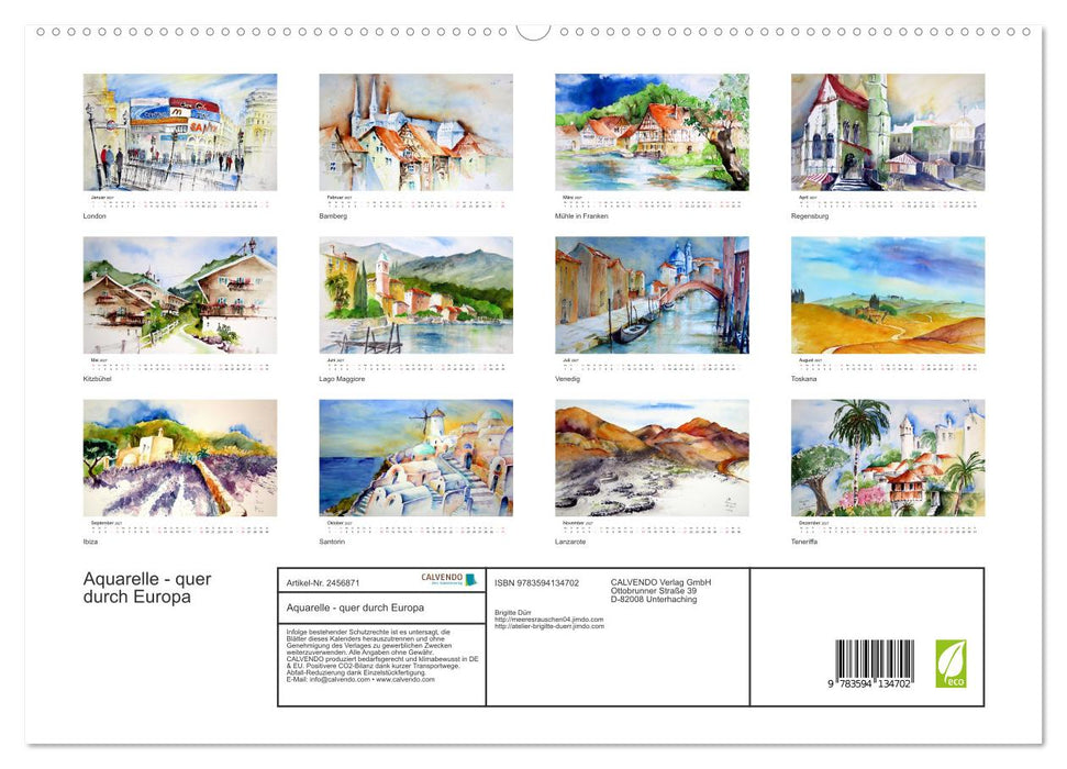 Aquarelle - quer durch Europa (CALVENDO Premium Wandkalender 2027)