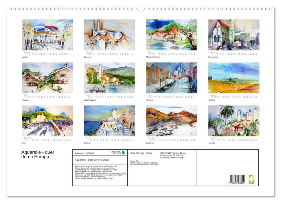Aquarelle - quer durch Europa (CALVENDO Wandkalender 2027)