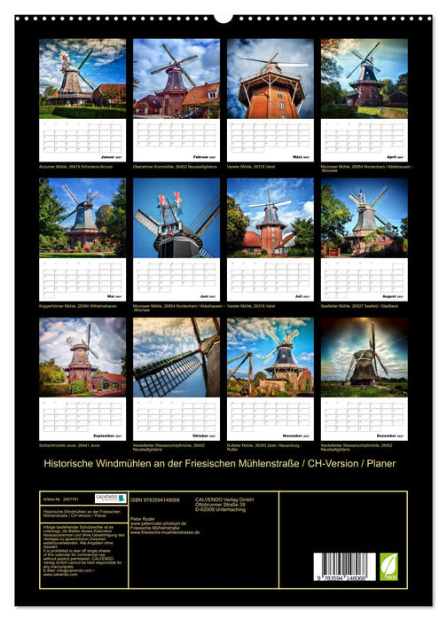 Historische Windmühlen an der Friesischen Mühlenstraße / CH-Version / Planer (CALVENDO Premium Wandkalender 2027)