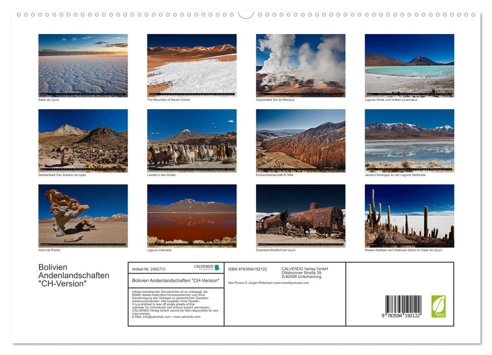 Bolivien Andenlandschaften "CH-Version" (CALVENDO Premium Wandkalender 2027)