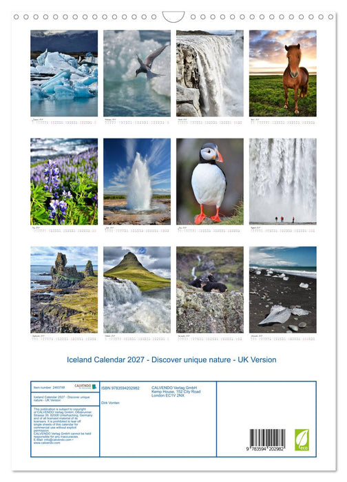 Iceland Calendar 2027 - Discover unique nature - UK Version (CALVENDO Monthly Calendar 2027)