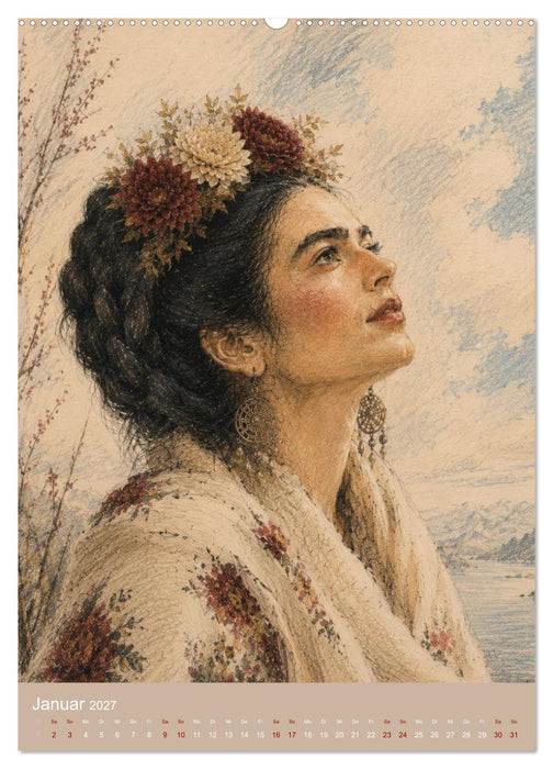 Freude im Haar. Leid im Herzen. Eine Hommage an Frida Kahlo (CALVENDO Premium Wandkalender 2027)