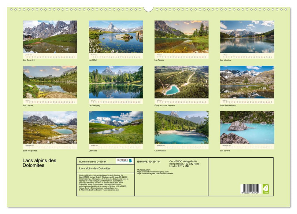 Lacs alpins des Dolomites (CALVENDO Calendrier mensuel 2027)