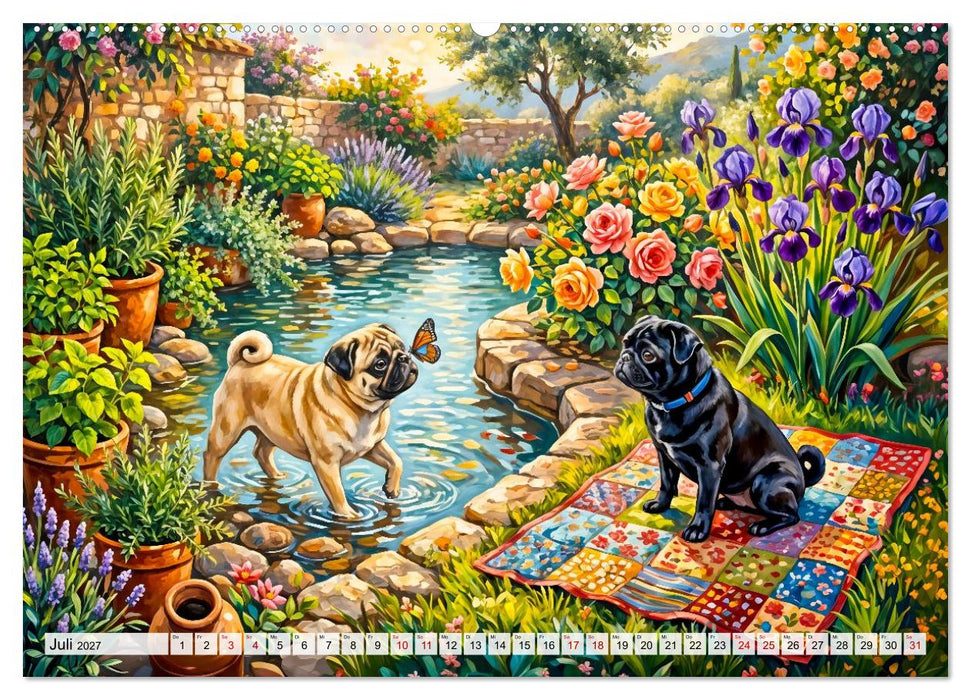 Mops im Cottagegarten - Blumen, Patchwork und Wohlfühlmomente (CALVENDO Premium Wandkalender 2027)