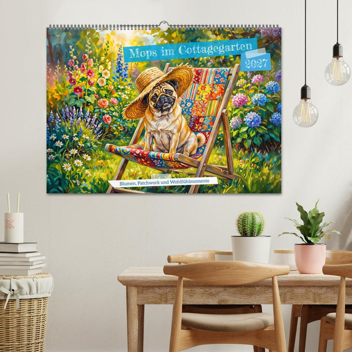 Mops im Cottagegarten - Blumen, Patchwork und Wohlfühlmomente (CALVENDO Wandkalender 2027)