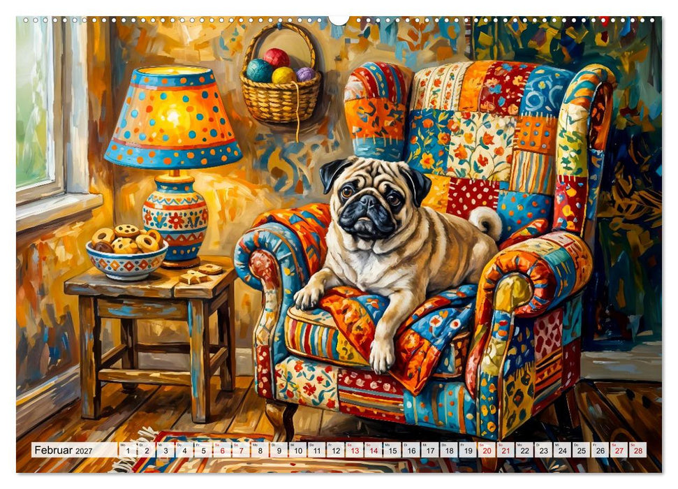 Mops im Cottagegarten - Blumen, Patchwork und Wohlfühlmomente (CALVENDO Wandkalender 2027)
