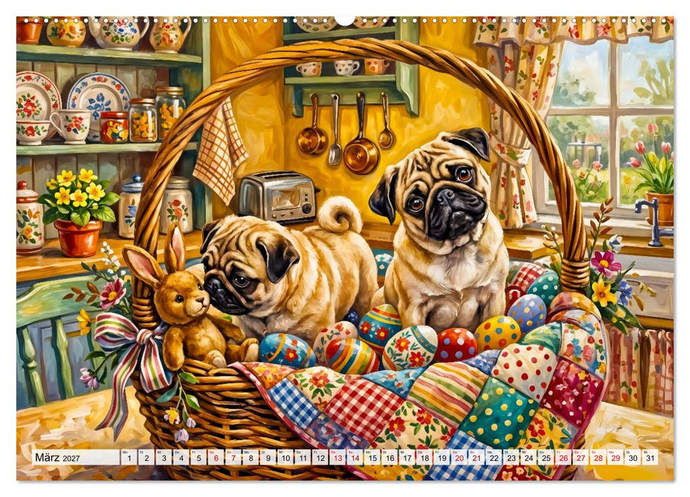Mops im Cottagegarten - Blumen, Patchwork und Wohlfühlmomente (CALVENDO Wandkalender 2027)