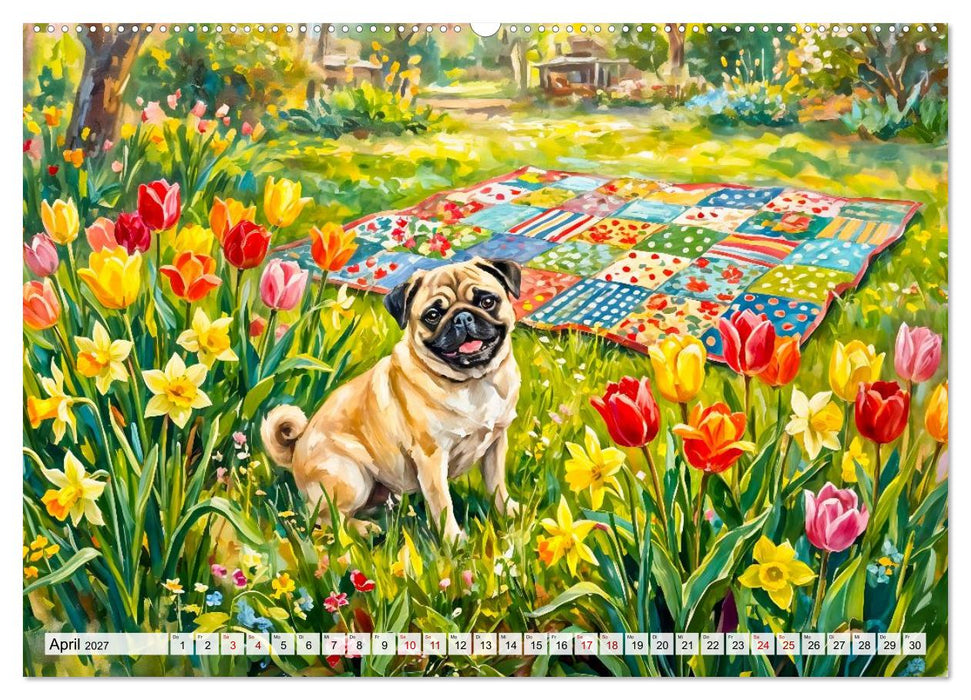 Mops im Cottagegarten - Blumen, Patchwork und Wohlfühlmomente (CALVENDO Wandkalender 2027)
