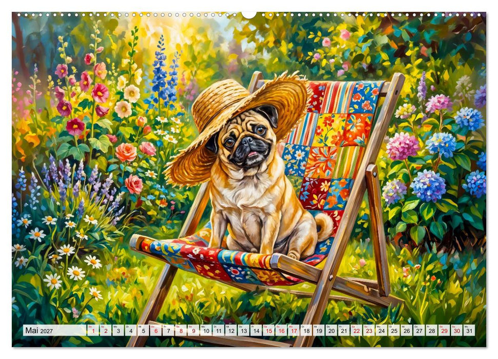 Mops im Cottagegarten - Blumen, Patchwork und Wohlfühlmomente (CALVENDO Wandkalender 2027)