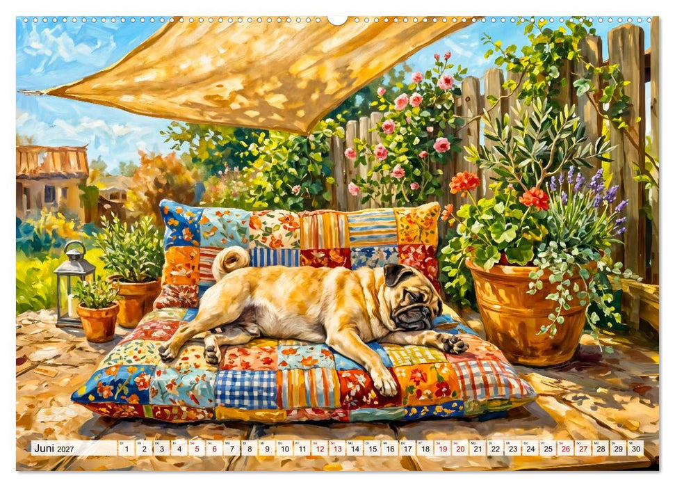 Mops im Cottagegarten - Blumen, Patchwork und Wohlfühlmomente (CALVENDO Wandkalender 2027)