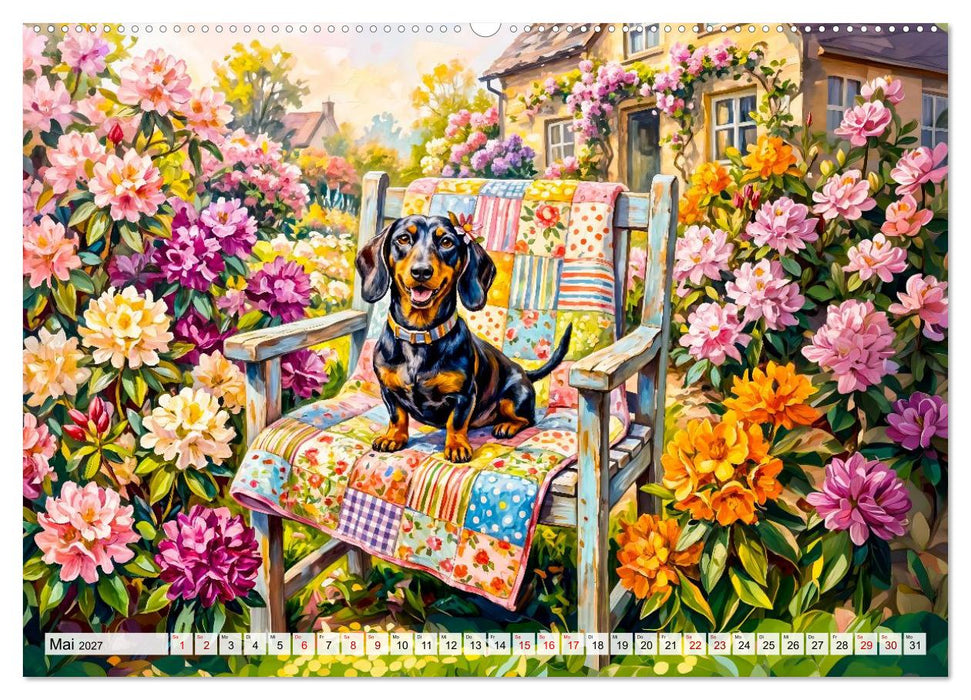 Dackelglück mit Patchwork - Dackelzauber im Cottage‑Garten (CALVENDO Wandkalender 2027)