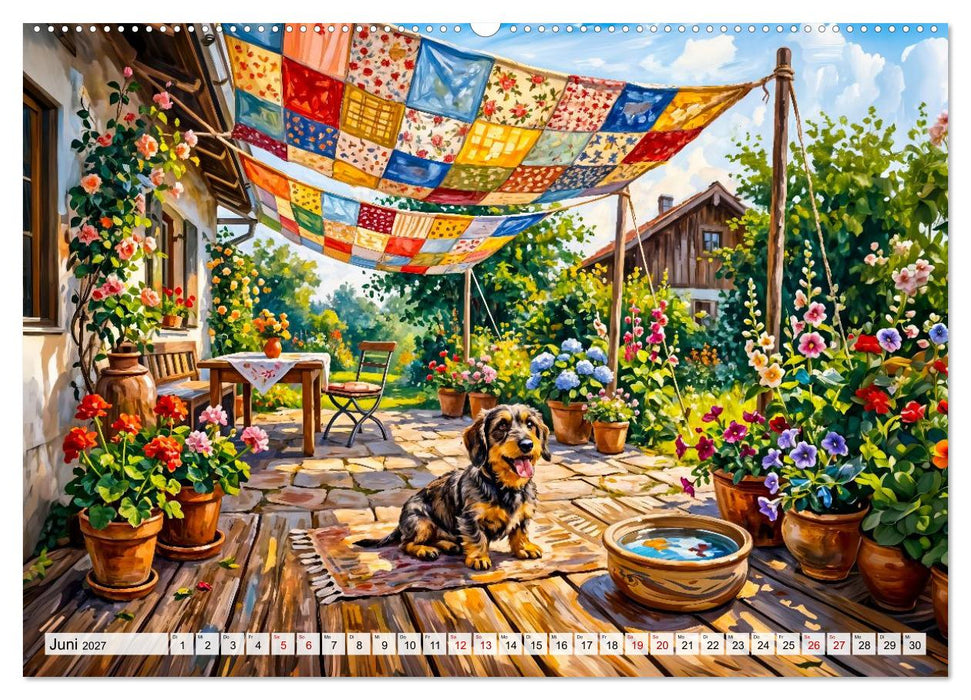 Dackelglück mit Patchwork - Dackelzauber im Cottage‑Garten (CALVENDO Wandkalender 2027)