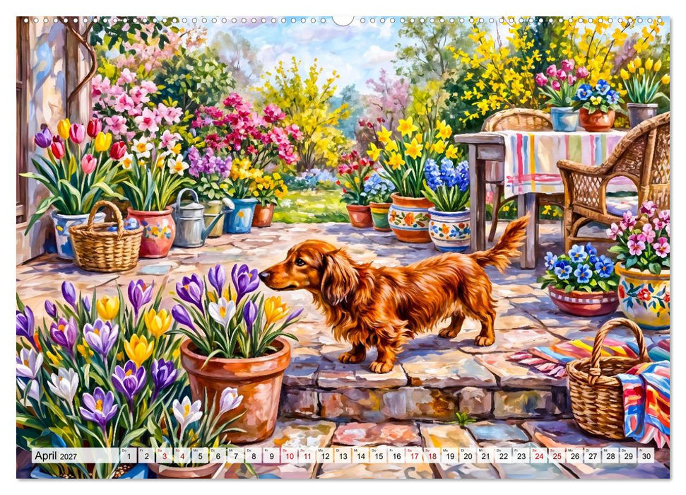 Dackelglück mit Patchwork - Dackelzauber im Cottage‑Garten (CALVENDO Premium Wandkalender 2027)